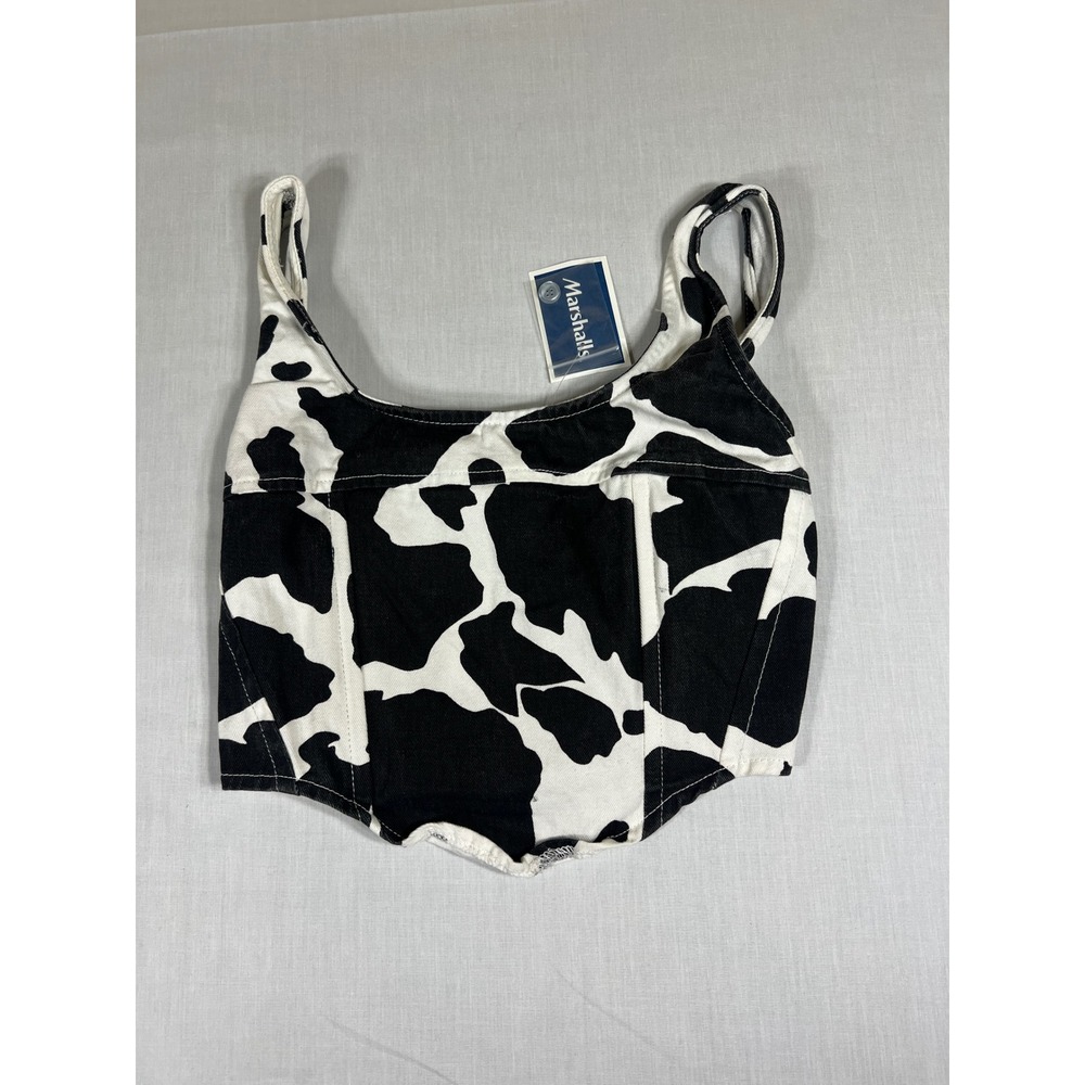 Lone Star Cow Print Corset Top Black White Denim Smocked Back Crop Tank Small